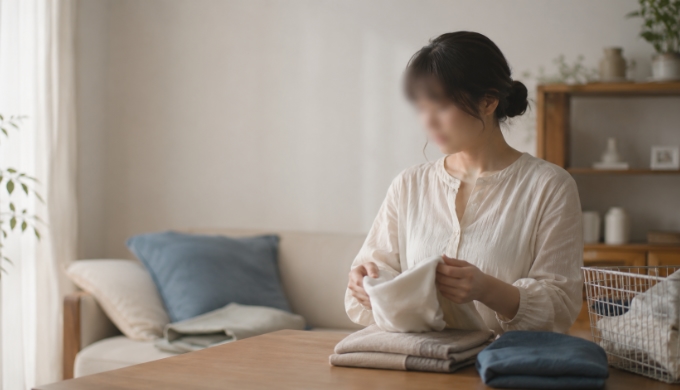 洗濯物をたたみながら、考えごとに飲まれすぎない静かな姿勢の女性