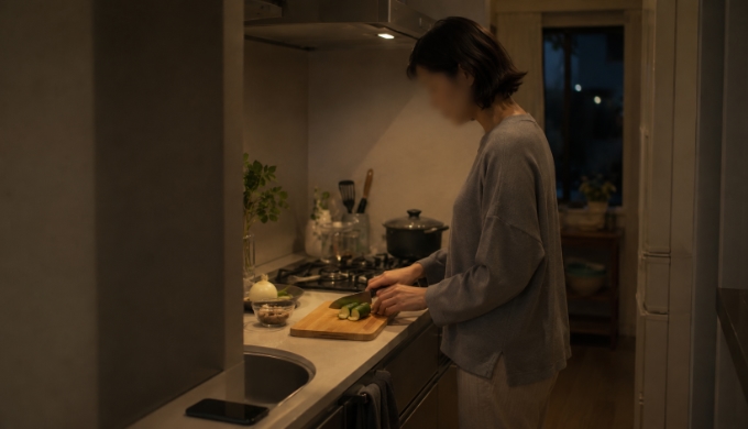 夕方の台所で、まな板の前に立つ人物が料理を続けながらスマホを端に置いている場面