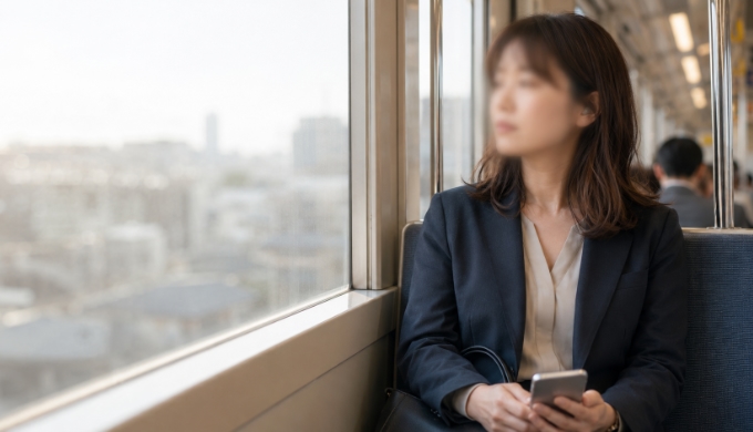 通勤中にスマホから視線を外し、静かに座っている日本人女性