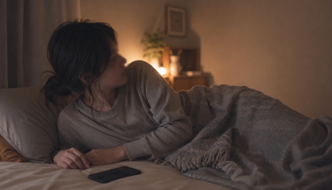寝る前にスマホを手元へ置き、画面から視線を外している女性