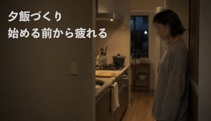 鍋とまな板がある台所で、夕飯づくりの前に人物が気重そうに立っている様子